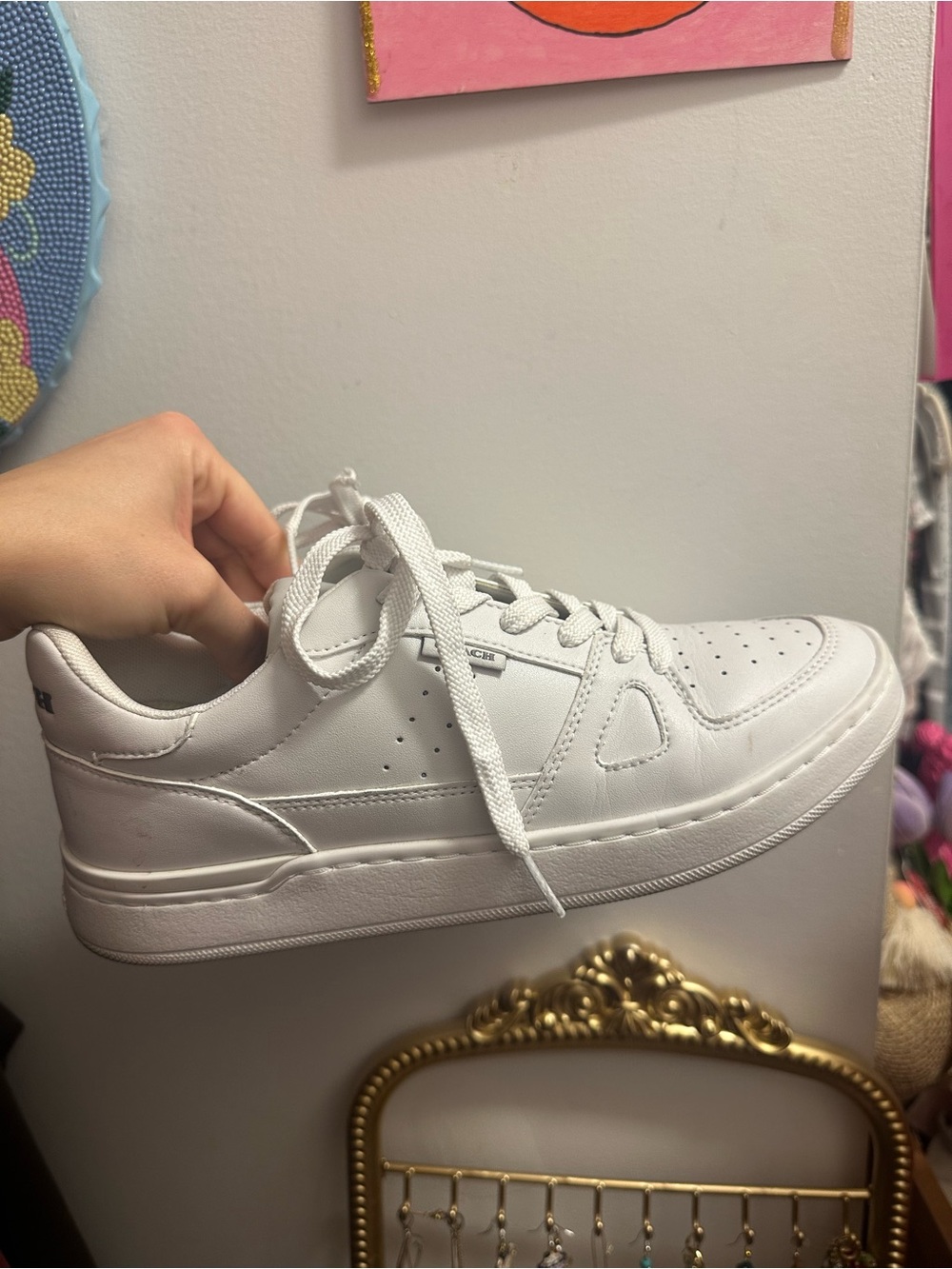 Coach White Leather Low-Top Sneakers with Perforated Toe 8.5